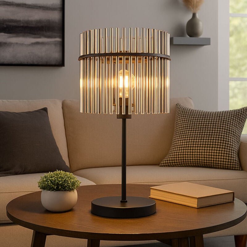 LED Tischleuchte Glasstäbe rauch klar Beistelllampe schwarz Schlafzimmerlampe Nachttischlampe, Metall, 1x 7W 806Lm warmw...