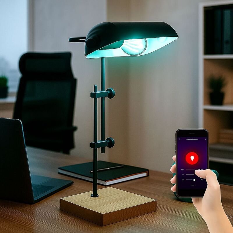 Smart led Tischleuchte schwarz Bankerleuchte Holz Höhenverstellbar Beistellleuchte, rgb led 5W 470Lm warm-kaltweiß, LxBx...