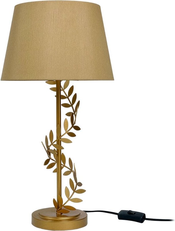 Relaxdays Tischlampe, Metallfuß, Stoffschirm, E27, HxD: 55x27 cm, Lorbeerranke, Tischleuchte mit Kabel, Wohnzimmer, gold