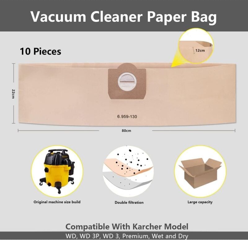 10er-Pack Staubsaugerbeutel für Kärcher 6.959-130.0 WD3 WD3P MV3 A2204 A2254 A2604, Ersatz-Papierfilterbeutel für Nass- ...