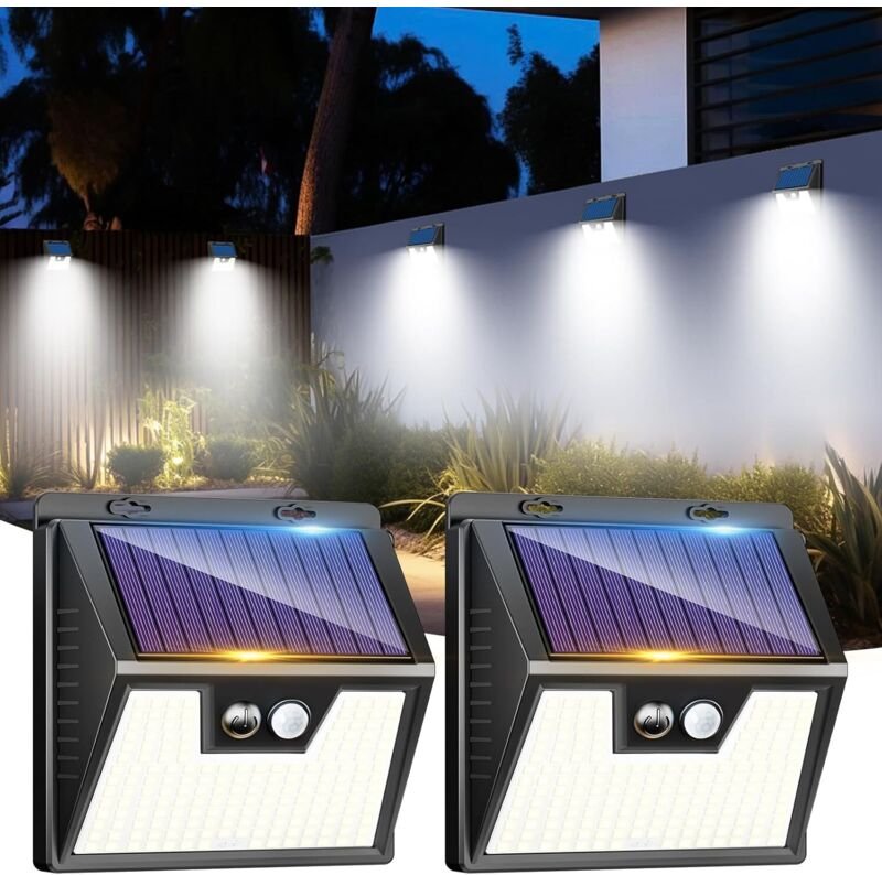 LOTMOS 2er-Pack Solar-Außenleuchten mit Bewegungsmelder, 176 LEDs, IP65 wasserdicht, 3 Beleuchtungsmodi, Flutlicht für G...