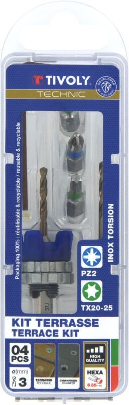 Thumbnail - Tivoly - Terrassenset • Ø3-mm-Bohrer mit Senker • Bohrer und Senker 2 in 1 Holz-Metall • 3 Edelstahl-Schraubenbits • Ers...