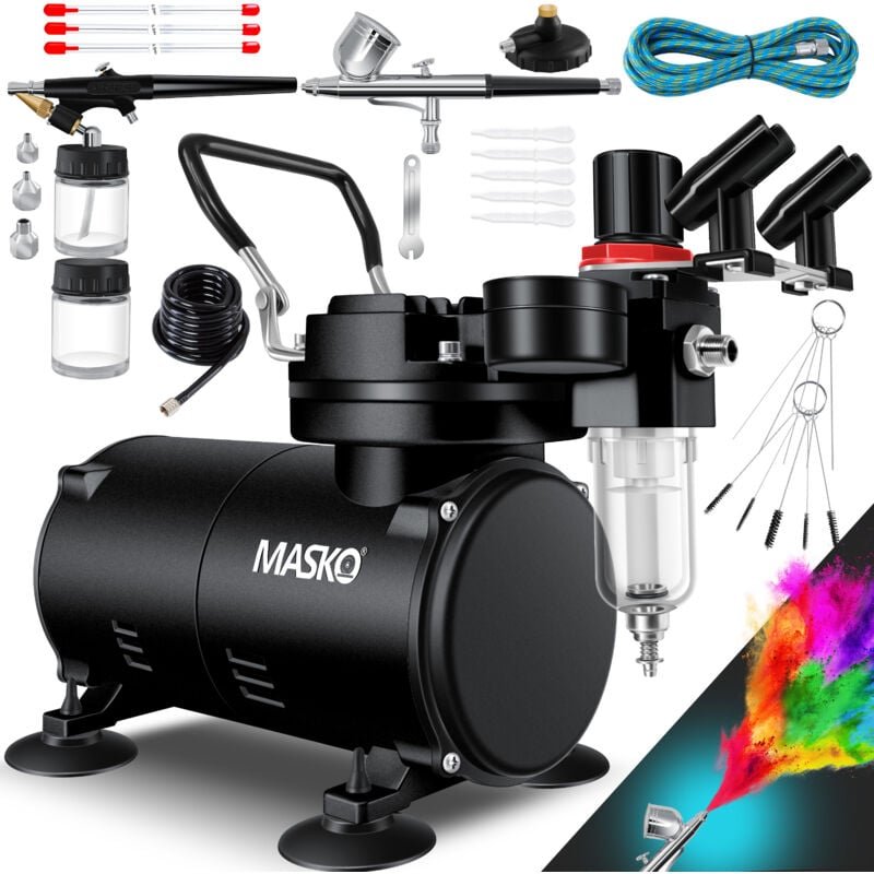 MASKO® Airbrush-Set mit Kompressor 4 bar inkl. Airbrush-Pistolen Lackierpistole Komplett-Set Tattoo Kunst Malerei Nadeln...