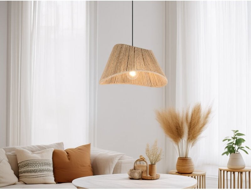 Große LED Pendelleuchte mit Lampenschirm geflochten aus Jute Natur, Ø 52cm