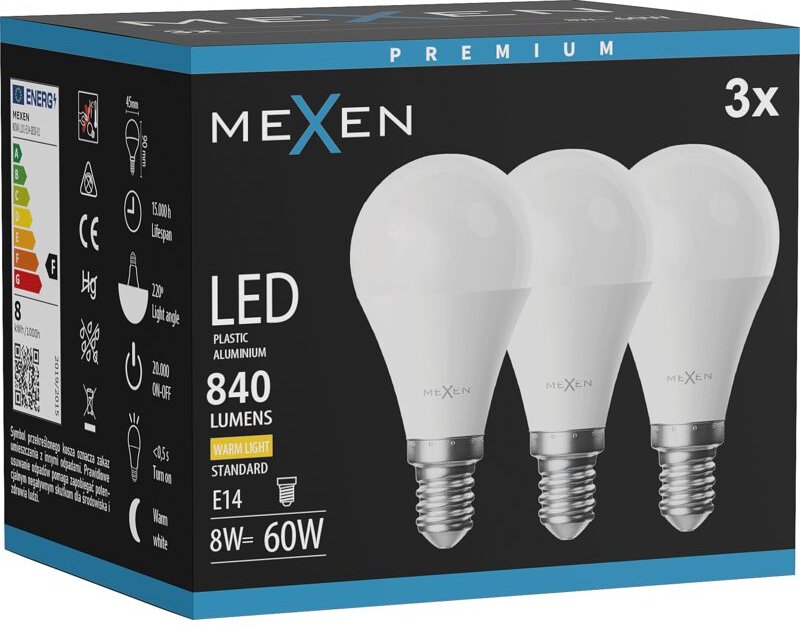 Mexen Nova 3x LED-Glühlampe E14, G45, 8W, Warmweiß - 3000K, 840 lm - L101-E14-0830-01x03