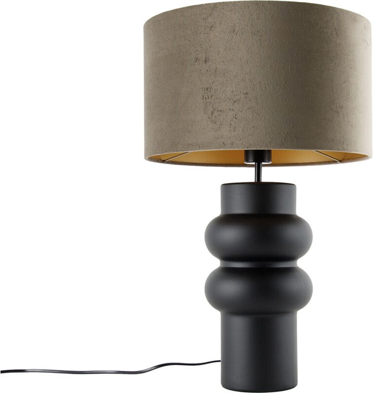 Design Tischleuchte schwarzer Samt-Schirm Taupe mit Gold 35 cm - Alisia