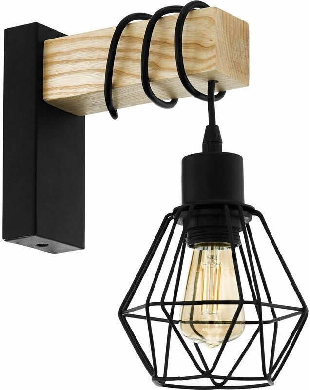 Gabrielle - Wandleuchte Innenbeleuchtung mit Vintage- und Industriedesign, Retro-Lampe aus schwarzem Stahl und Holz, E27...