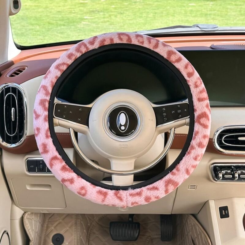 Weicher Plüsch-Lenkradbezug, rosa Leopardenmuster, Winter-Lenkradbezug, rutschfest und warm, Universalgröße 38 cm