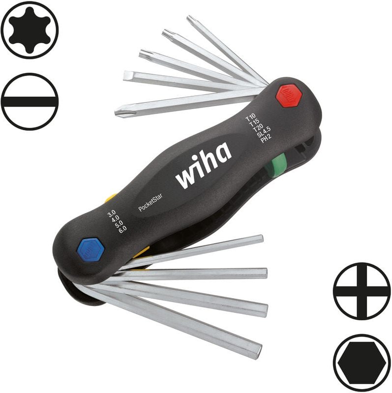 Wiha - Multitool PocketStar® Innen-Sechskant, Schlitz, Phillips, torx 9-tlg., per Tastendruck schneller Zugriff, als Län...