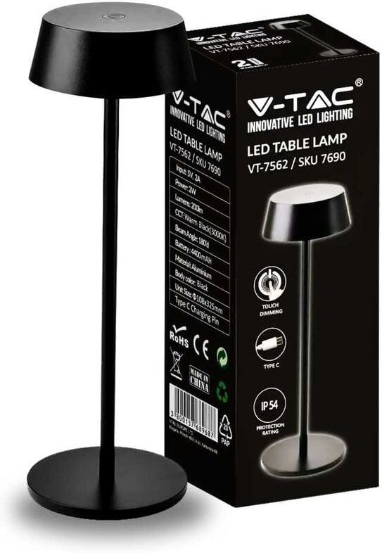 V-tac - 2W schwarze wiederaufladbare LED-Tischlampe, Touch-dimmbar, Warmweiß, IP54
