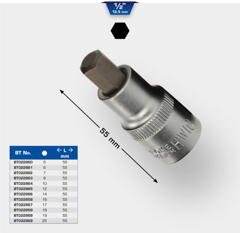 Brilliant Tools - 1/2' Innensechskant Bit-Stecknuss, 55 mm lang, 5 mm
