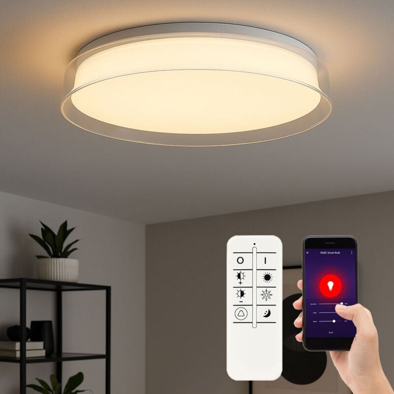 LED Deckenlampe dimmbar mit Fernbedienung Deckenleuchte Smart App Wohnzimmerleuchte, weiß transparent, 24W 2400lm warmwe...