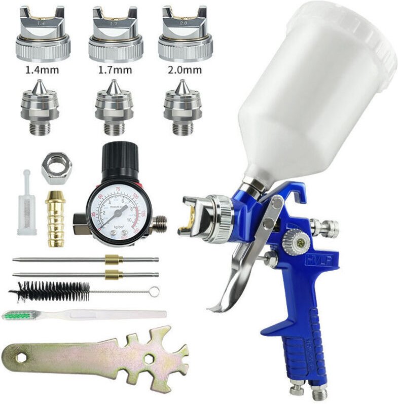 HVLP-Airbrush, Druckluftpistole mit Schwerkraftzufuhr, 1,4/1,7/2 mm Düse und 600 ml Sprühflasche zum Lackieren von Fahrz...