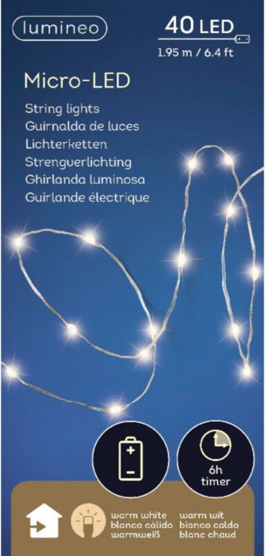 Lumineo Batterie LED Micro Lichterkette Strang 195 cm 40 Lichter warmweiß