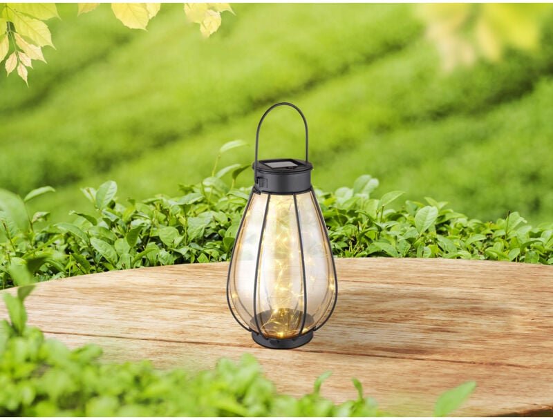 Led Solarlaterne, Glas Bernsteinfarbig, hängend oder stehend, Höhe 30cm