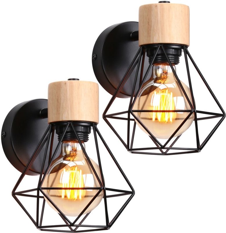 Wandleuchte, Vintage Wandstrahler mit Ø16cm Diamant-form Käfig in Holz & Metal, Beleuchtung Einstellbare für Wohnzimmer ...