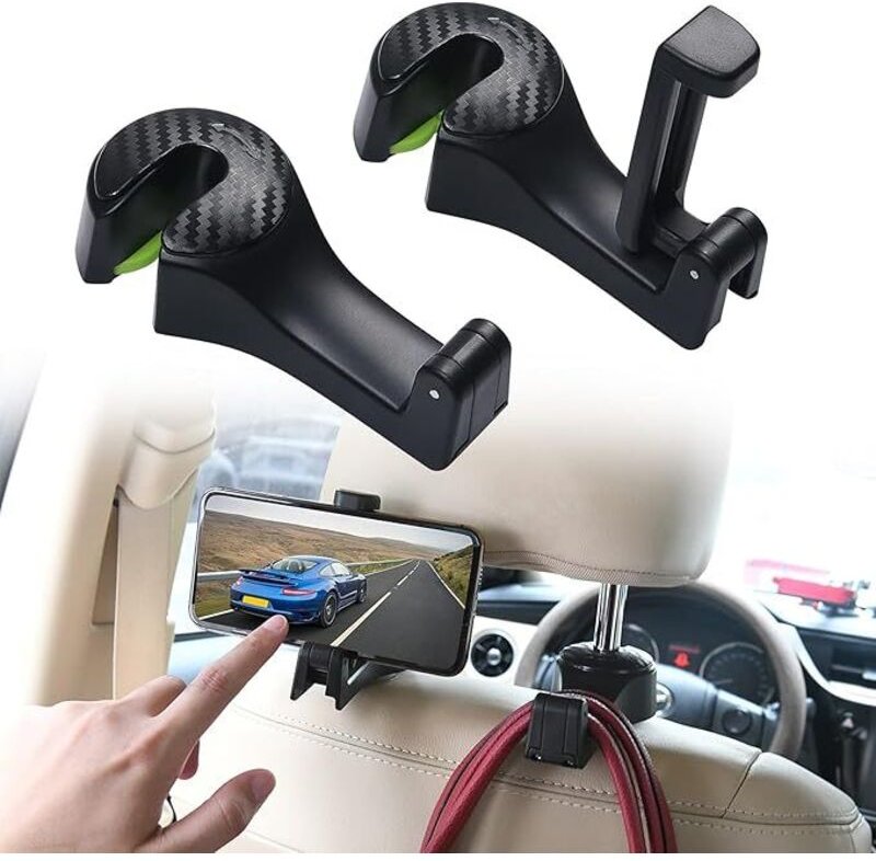 Auto Kopfstützen Haken, 2 Stück 2 in 1 Autositzhaken mit Handyhalterung 360° Versteckter Haken Drehbar Einstellbar Multi...