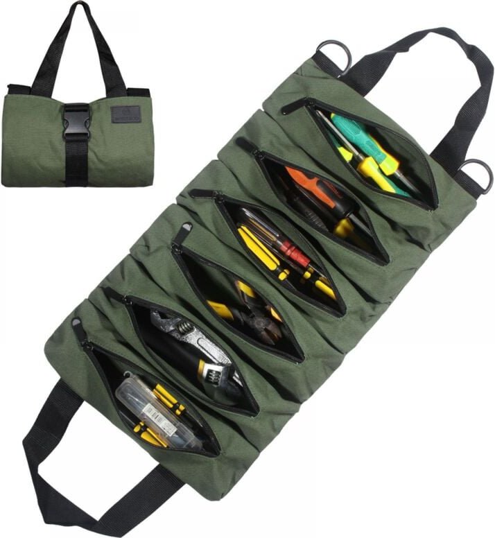 (Grün) Canvas-Werkzeugrolle, Multifunktions-Werkzeugtasche. Die tragbare Werkzeugtasche hat 6 Reißverschlusstaschen, gee...