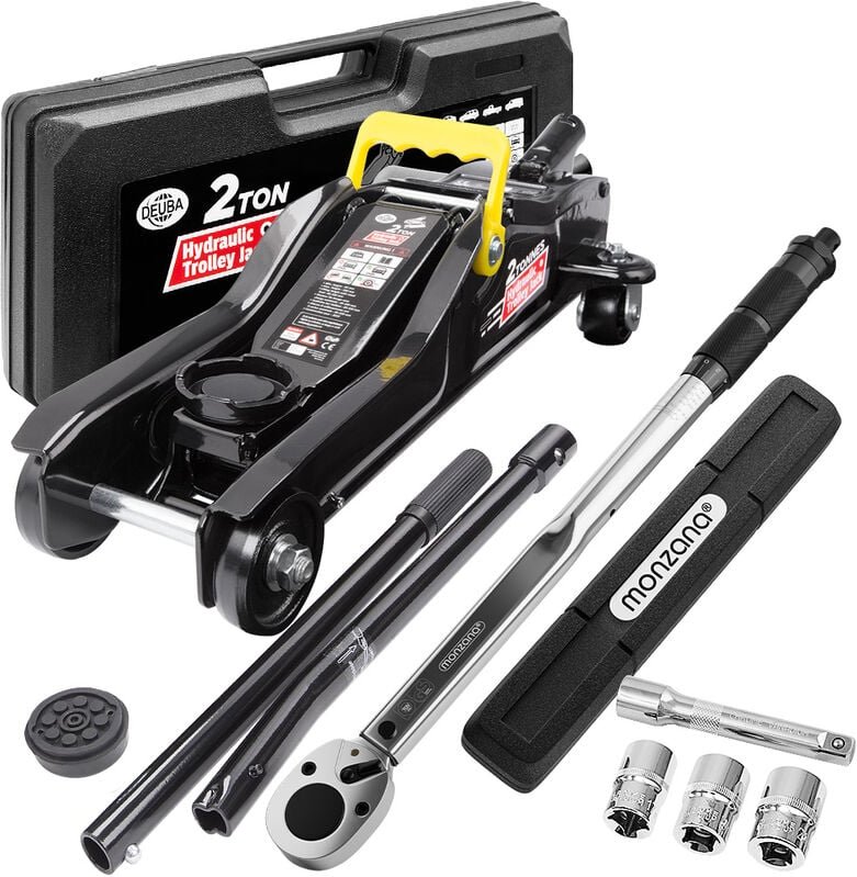 Reifenwechselset Hydraulischer Wagenheber 2t inkl. Gummiauflage + Drehmomentschlüssel 6tlg. 1/2' 40-210Nm + Koffer - Deu...