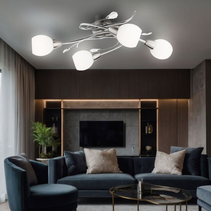 Deckenleuchte Kristalle Spotlampe Glas opal Deckenlampe chrom, nickel-matt, Dekorblätter, 4x led 3W 250Lm warmweiß, l 70...