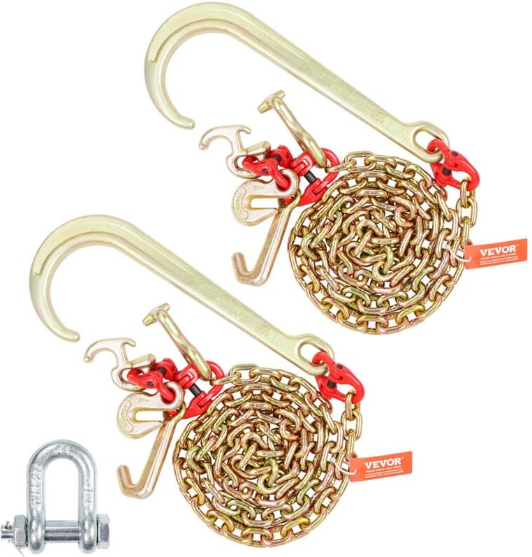 J-Haken-Kette, 2 Stück 5/16 Zoll x 6 Fuß G80 15 Zoll langer Schaft J-Haken-Abschleppkette mit RTJ-Clusterhaken und Greif...