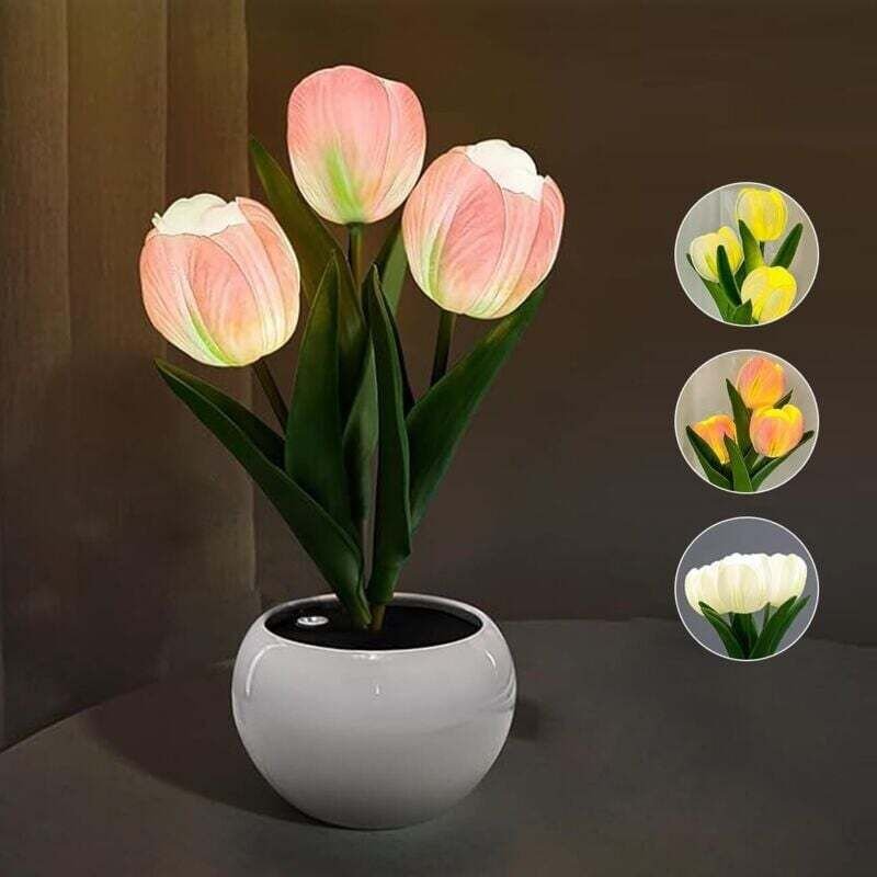 Lampe de Table LED Tulipe Simulée avec Vase Veilleuse Décoration Bureau Salon Maison Rose