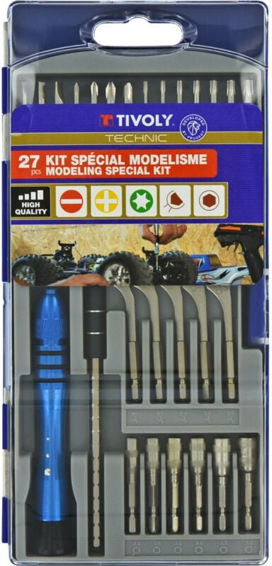 Box mit 27 Teilen – 14 Modellbits + 5 Schraubenschlüssel + 6 Spannmuttern + 1 Verlängerung + 1 Bithalter – präzision - T...