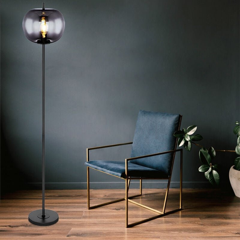 Thumbnail - Standleuchte Glaslampe Deckenfluter Wohnzimmer Leselampe Stehlampe Rauchglas Kugel, Metall schwarz, 1x E27 Fassung, DxH ...