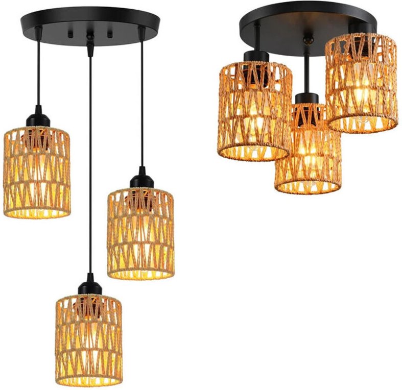 Dreiflammige Pendelleuchte aus Rattan, im Bohème-Stil, gewebte Deckenleuchte, rustikaler Stil, ideal für Wohnzimmer, Ess...