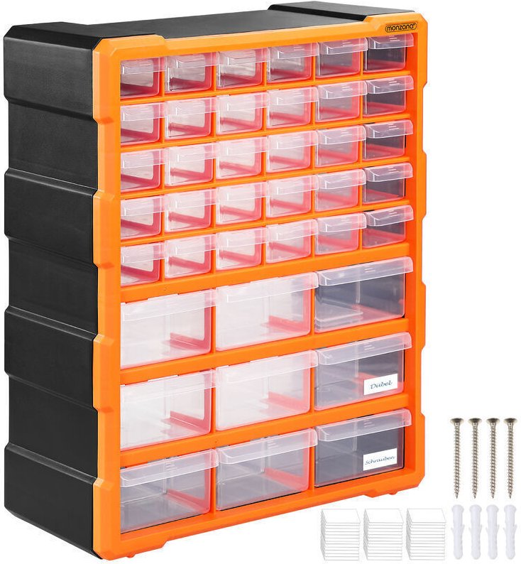 Erweiterbare Aufbewahrungsbox mit 39 Schubladen, Etiketten, Schrauben-, Werkzeug- und Kleinteileorganizer für Zuhause un...