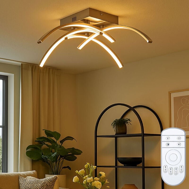 Deckenleuchte Fernbedienung Deckenlampe Wohnzimmer led eckig silber Deckenlampe geschwungen, dimmbar, 4 Stäbe, 1x led 16...