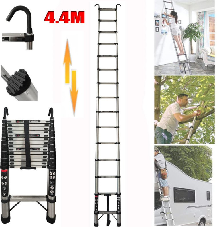 Edelstahl-Teleskopleiter 4,4M gerade Verlängerungsleiter Ausziehleiter mit Haken