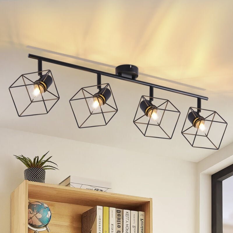 Deckenstrahler Deckenlampe 4 Flammig Schwarz - E14 Deckenleuchte 350° Schwenkbar Vintage Lampe Metall Deckenspots Schlaf...