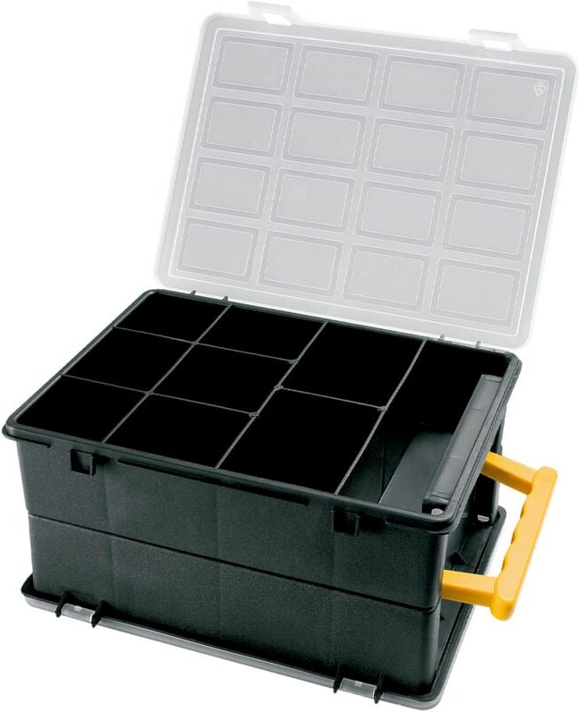 Doppelte Organizer-Aktentasche mit 18 Fächern, 242 x 188 x 120 mm.