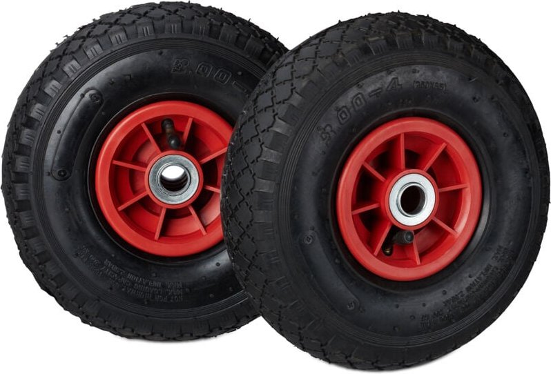 Relaxdays - Sackkarrenrad 3.00-4, 2er Set Ersatzreifen, luftbereift, bis 80 kg, Kunststofffelge, 260x85 mm, schwarz-rot