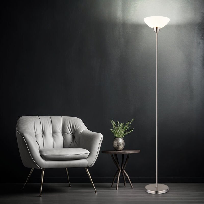 Stehleuchte nickel matt Deckenfluter Glasschirm opal Stehlampe Wohnzimmerleuchte, Metall, E27 Fassung, DxH 28x180 cm