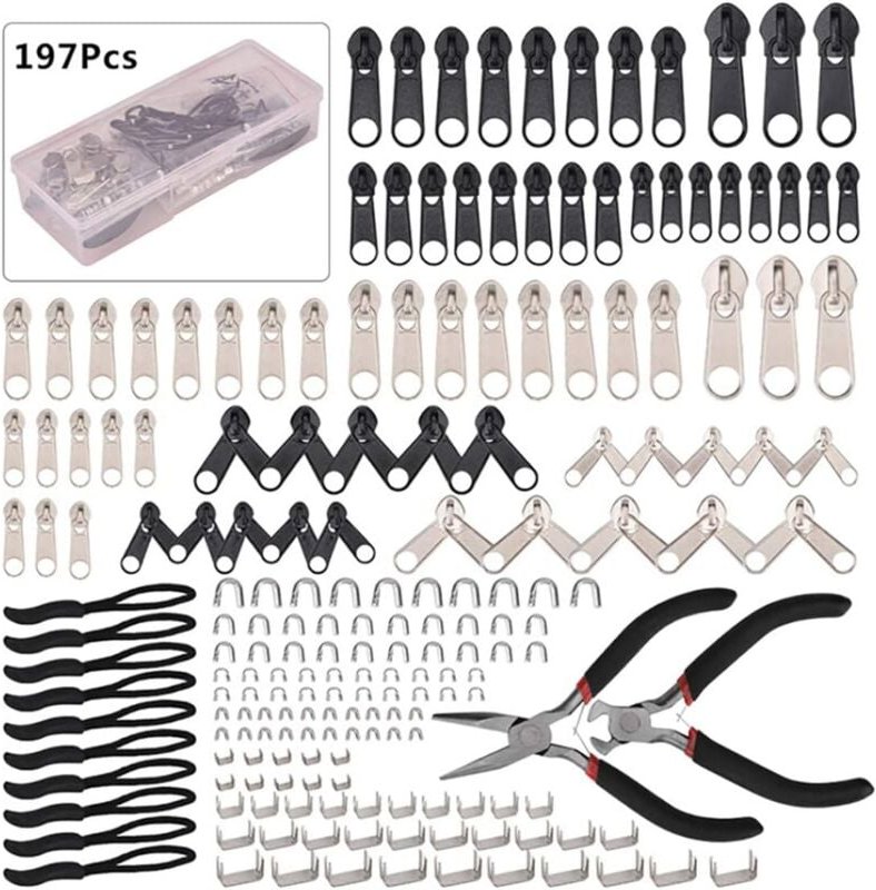 Reißverschluss-Ersatz, 197-teiliges Reißverschluss-Reparaturset mit Reißverschluss-Installationszange für Taschen, Jacke...