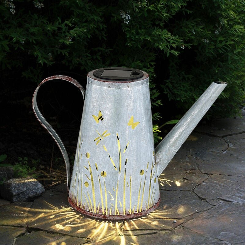 Led Gießkanne Solar Solardeko Garten Gartendeko Wetterfest, Stanzungen Terrasse Akku IP44 Metall blau rostfarben, led wa...