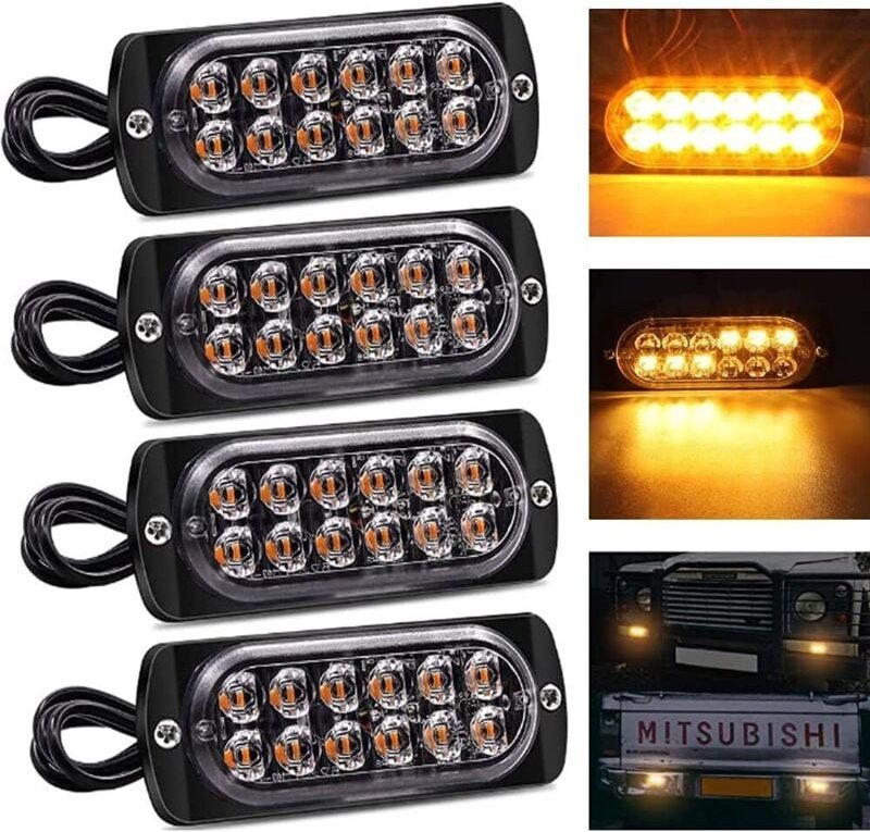 4X 12LED Notfall-Blitzlichter Warnblitz Gefahr Warnlampe 12V-24V LED-Blitz Auto Led-Glühbirne Bernstein für Fahrzeug-LKW...