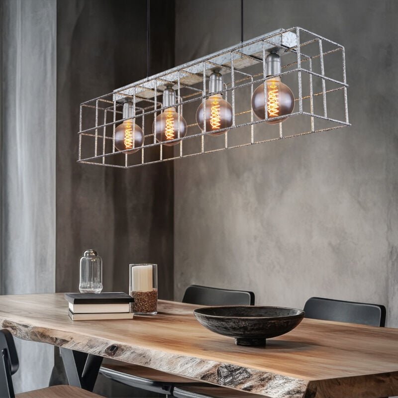 Pendelleuchte 4 flammig Hängelampe Wohnzimmer Industriell Pendellampe E27, Metallgitter zinkfarben, 4x E27 Fassungen, Lx...
