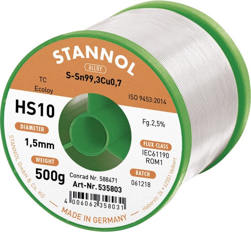 Stannol - HS10 2510 Lötzinn, bleifrei Spule Sn99,3Cu0,7 ROM1 500 g 1.5 mm
