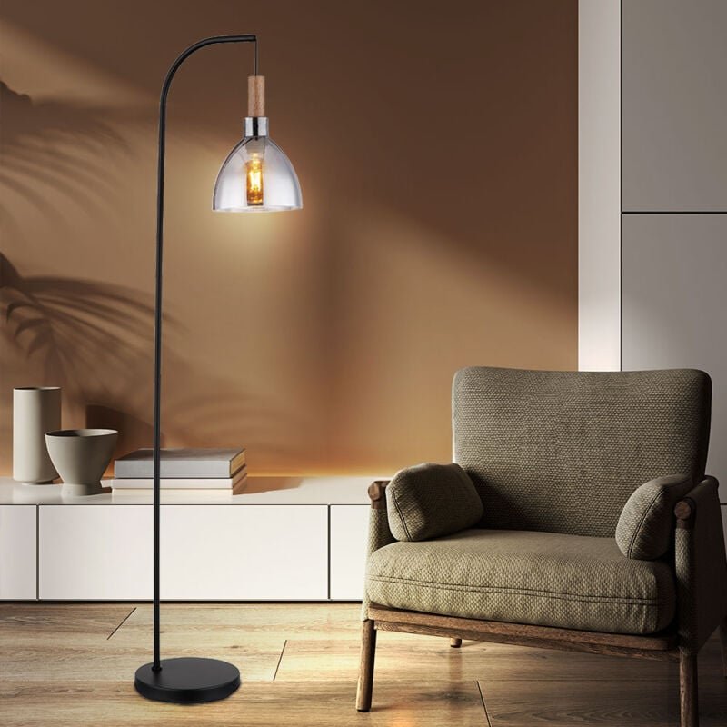 Thumbnail - Globo Lighting - Stehlampe Standlampe Rauchglas Holzoptik Wohnzimmerlampe Stehleuchte Beistelllampe, Metall schwarz, mdf...