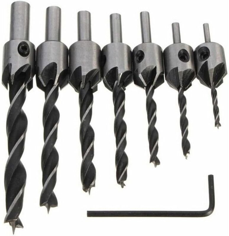 7-teiliges HSS-5-Fräser-Bohrer-Set für Holzfasen (3–10 mm), silbergrau
