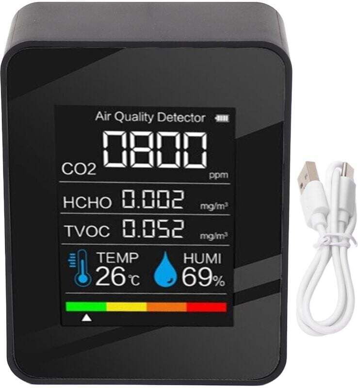 5-in-1 Luftqualitätsmonitor, multifunktionaler CO2-, TVOC-, HCHO-, Temperatur- und Feuchtigkeitsdetektor mit Farb-LCD-Bi...