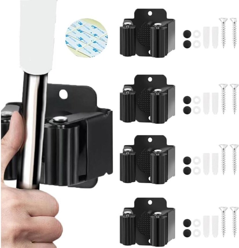 Set aus 4 wandmontierten Besen- und Bürstenhaltern aus robustem Edelstahl mit Schrauben, Organizer für Gartengeräte im F...