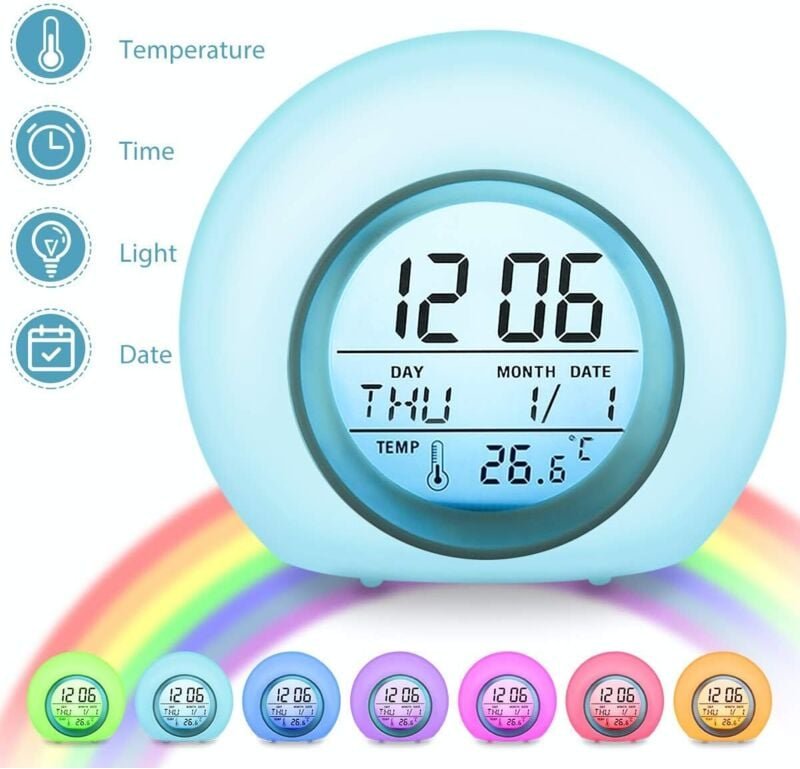 Digitaler Kinderwecker mit 7 Farben, Kinderwecker mit Kalender und Thermometer, kreativer runder Wecker mit LED-Nachtlic...