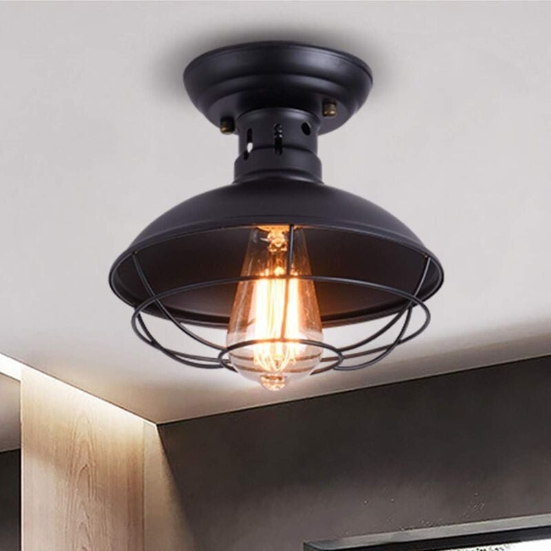 Ganeed - Rustikale Deckenleuchte Schwarz, E27 Pendelleuchte Semi Flush montiert mit industriellem Metallkäfig, Deckenleu...