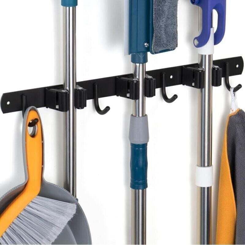 Schwarzes Besenregal zur Wandmontage, Besenregal zur Wandmontage mit 3 Halterungen und 4 Haken, kein Bohren erforderlich...