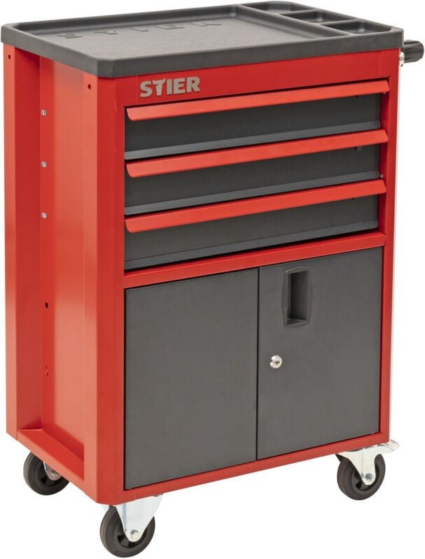 Werkstatt- und Schrankwagen, unbestückt, mit 3 Schubladen, abschließbar, je 2 Lenk- & Bockrollen vormontiert - Stier