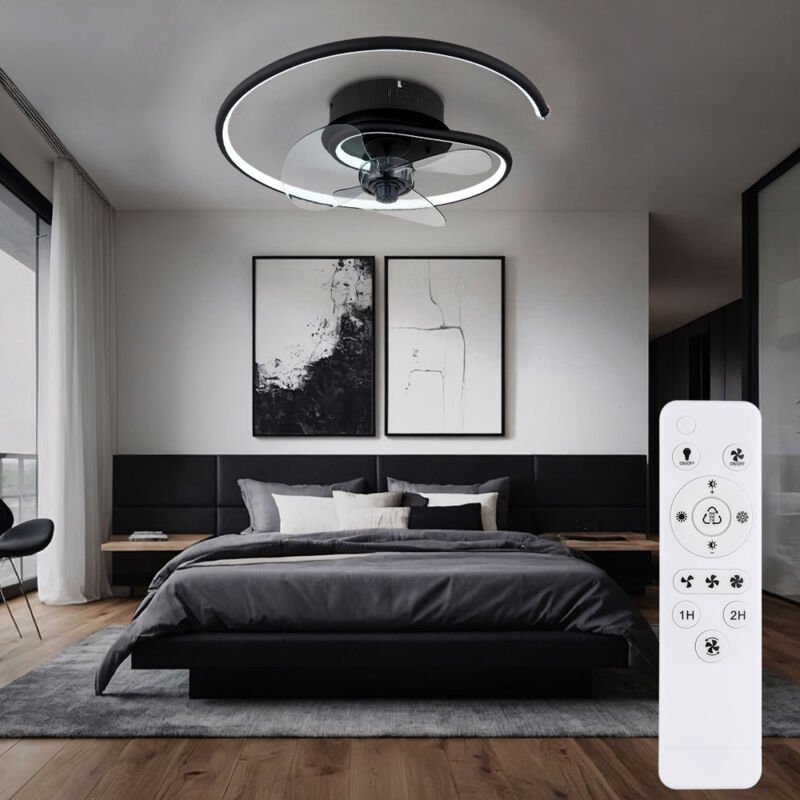 Deckenventilator Deckenlampe Wohnzimmerleuchte Schlafzimmerlampe Raumlüfter Ventilator, Metall schwarz Alu, dimmbar Fern...